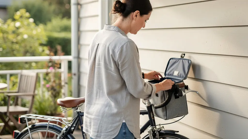 Cycliste femme européenne vérifiant contenu sacoche guidon avant départ trajet vélotaf