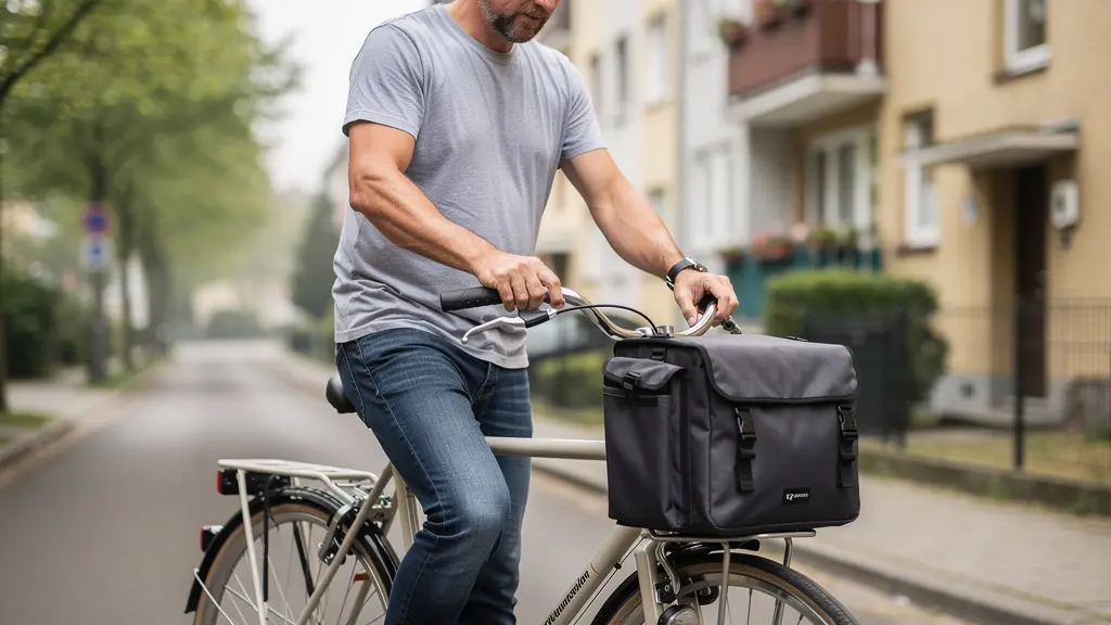 Cycliste urbain fixant sacoche double sur porte-bagages vélo hollandais en ville