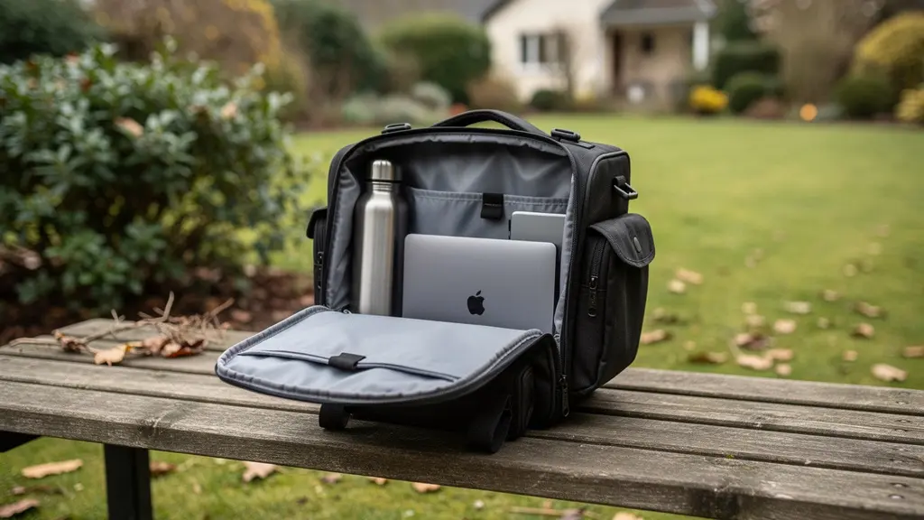 Contenu typique sacoche double vélotaf avec ordinateur portable et affaires quotidiennes