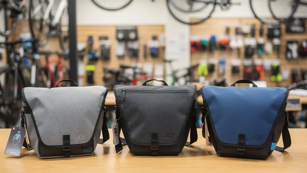Vue d'ensemble de trois types de sacoches vélo exposées en boutique spécialisée